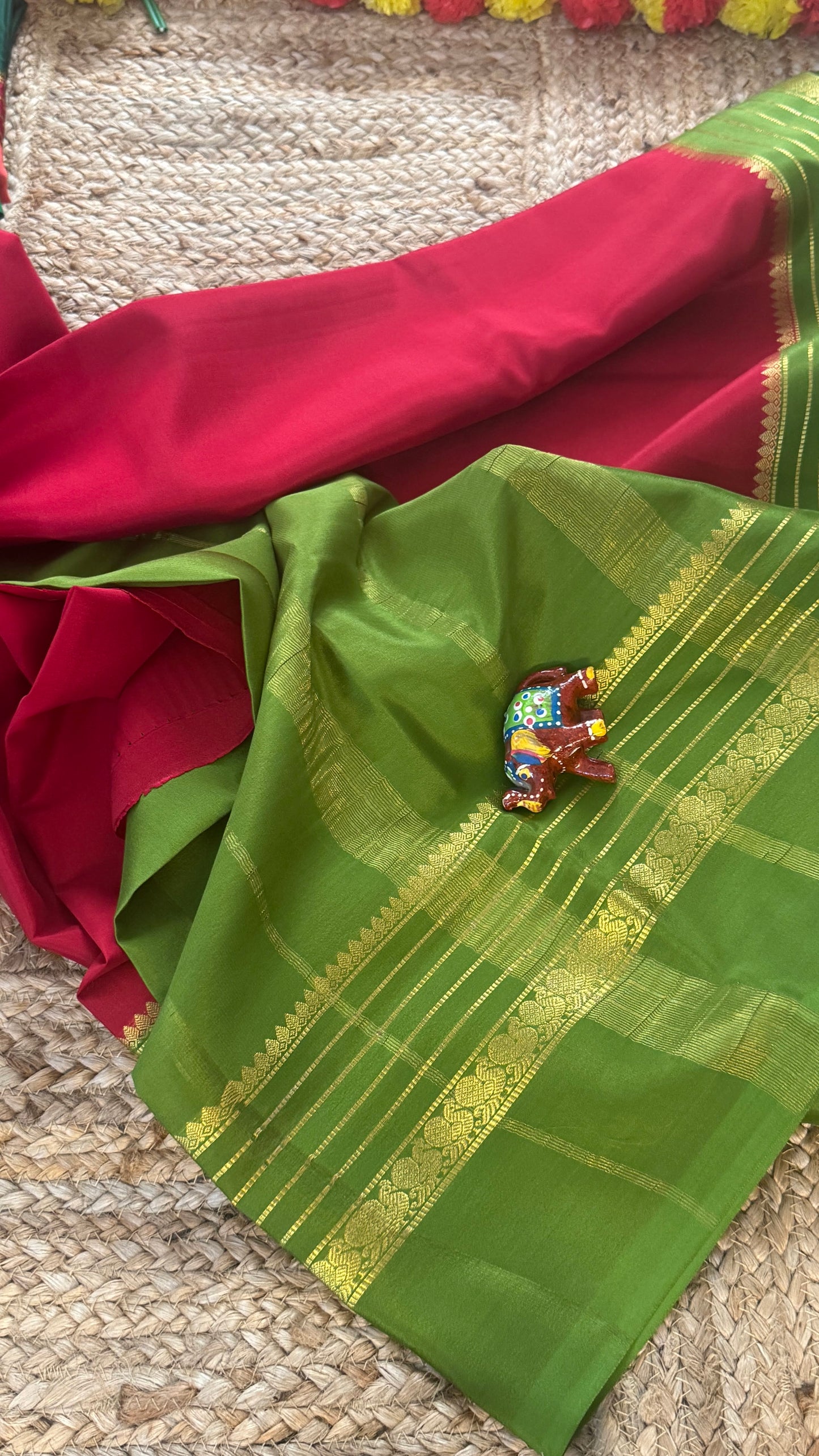 Mysore Silk Saree - Dark Pink and Light Green Peacock Boarder