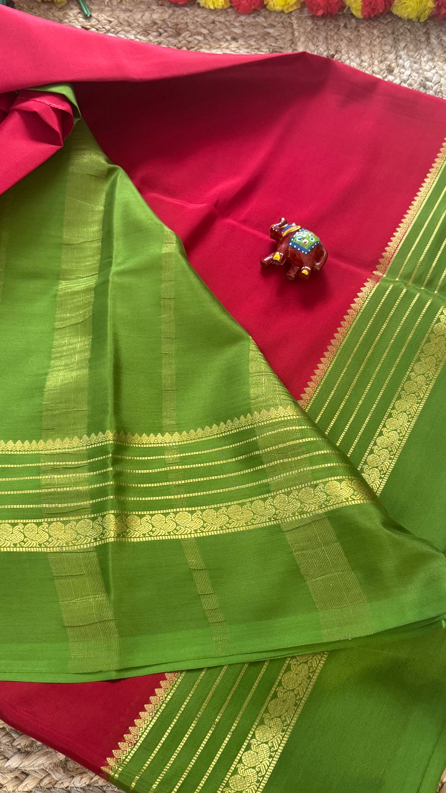 Mysore Silk Saree - Dark Pink and Light Green Peacock Boarder