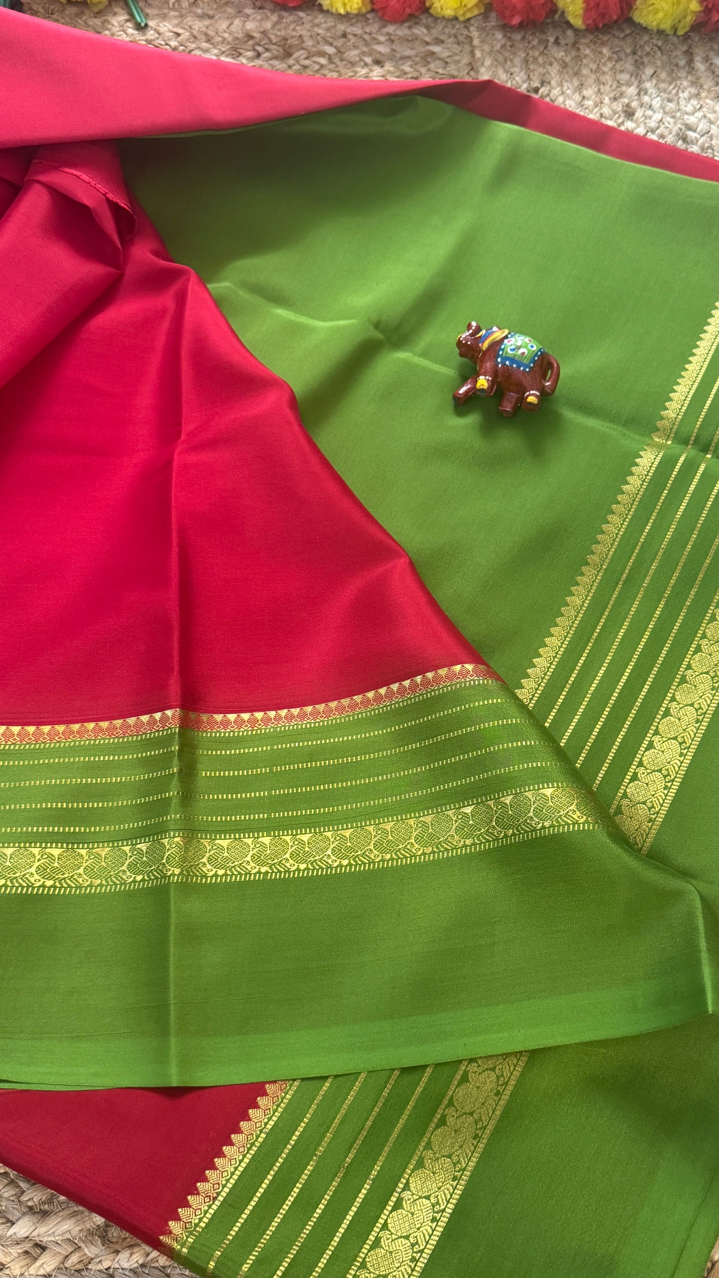 Mysore Silk Saree - Dark Pink and Light Green Peacock Boarder