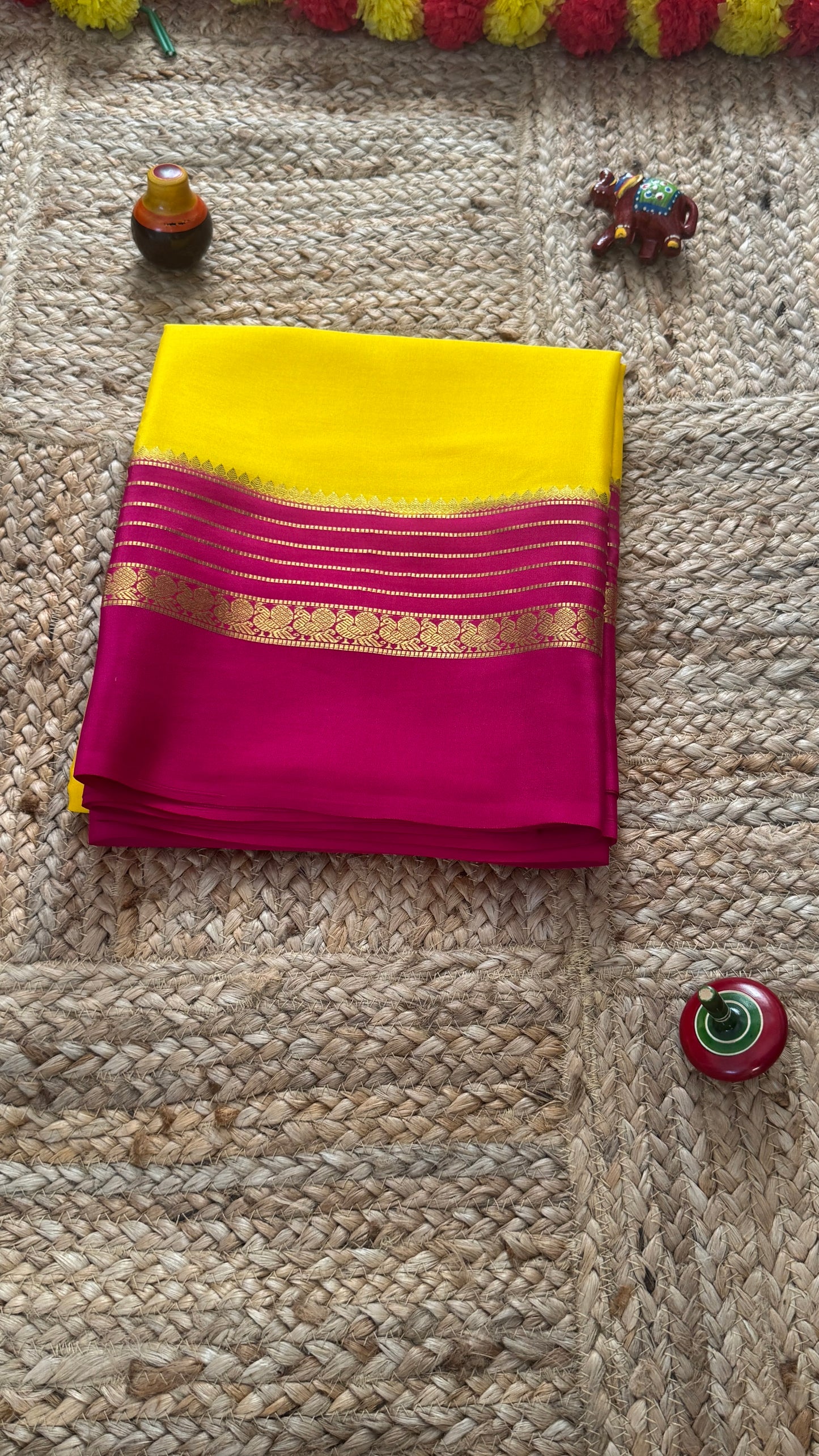 Mysore Silk Saree - Yellow and Pink Peacock Boarder