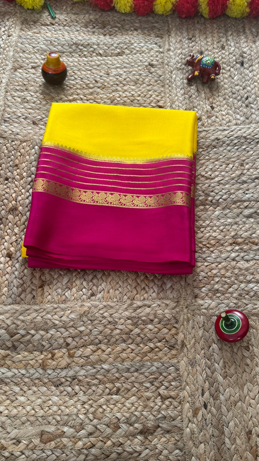 Mysore Silk Saree - Yellow and Pink Peacock Boarder