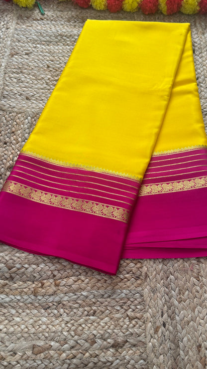 Mysore Silk Saree - Yellow and Pink Peacock Boarder