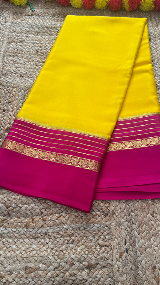 Mysore Silk Saree - Yellow and Pink Peacock Boarder