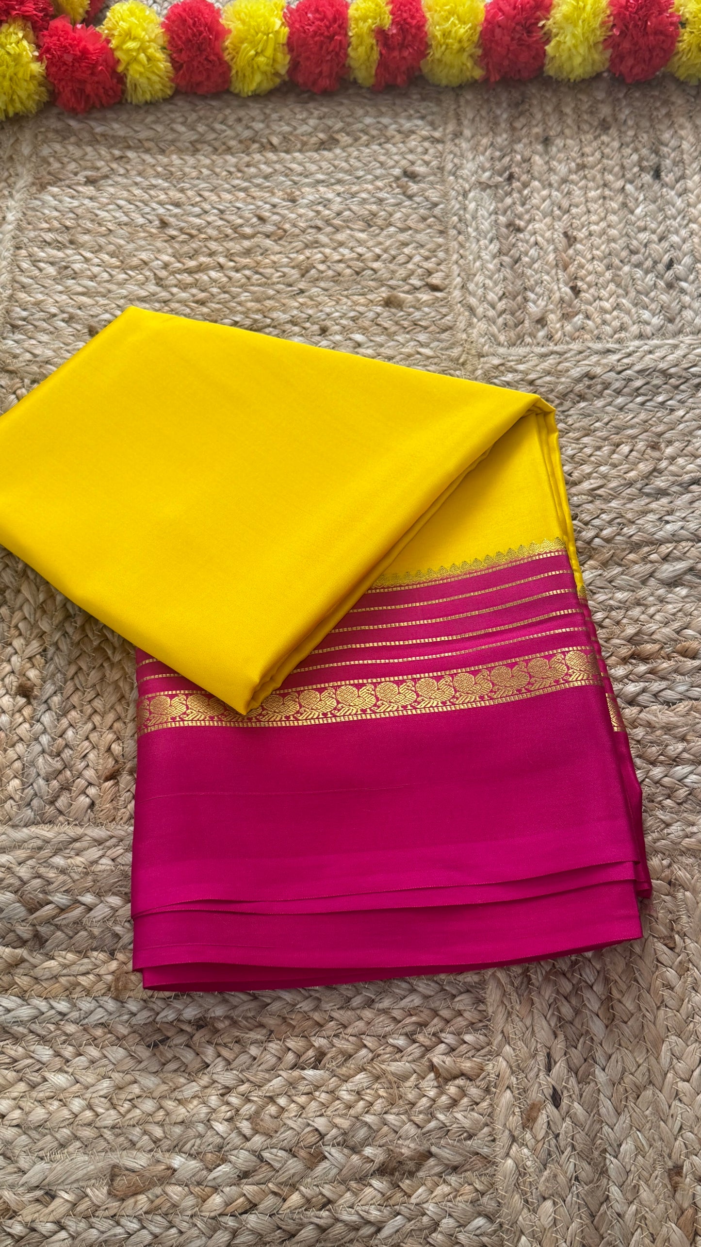 Mysore Silk Saree - Yellow and Pink Peacock Boarder
