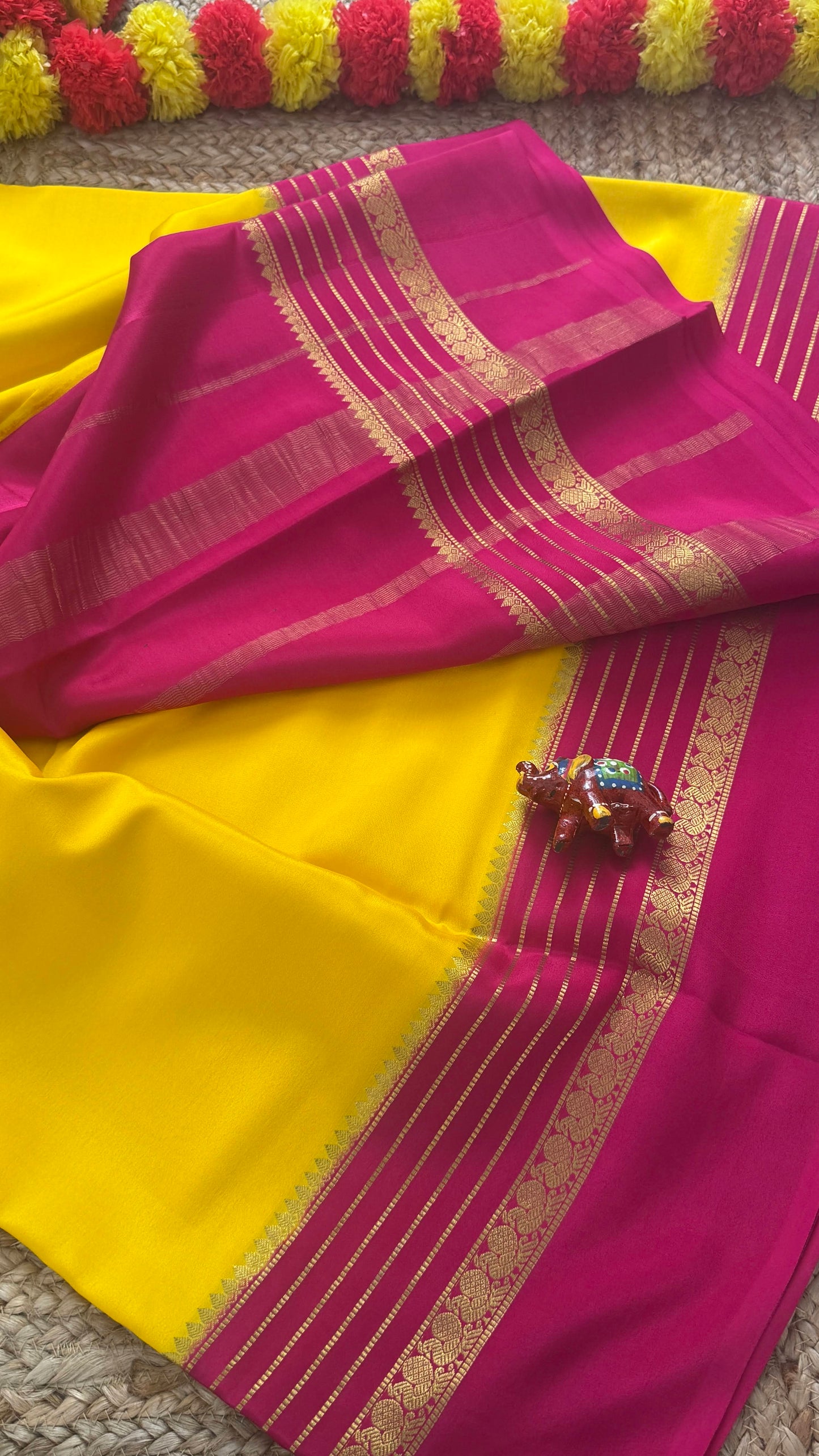 Mysore Silk Saree - Yellow and Pink Peacock Boarder