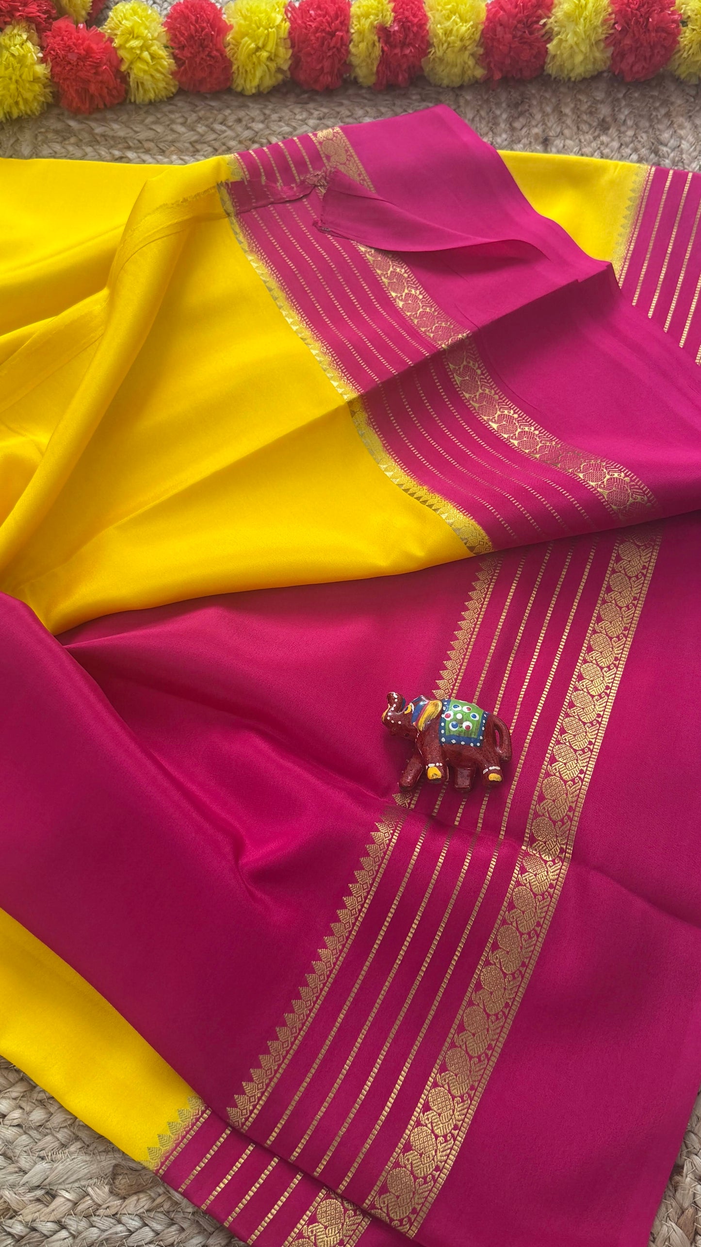 Mysore Silk Saree - Yellow and Pink Peacock Boarder