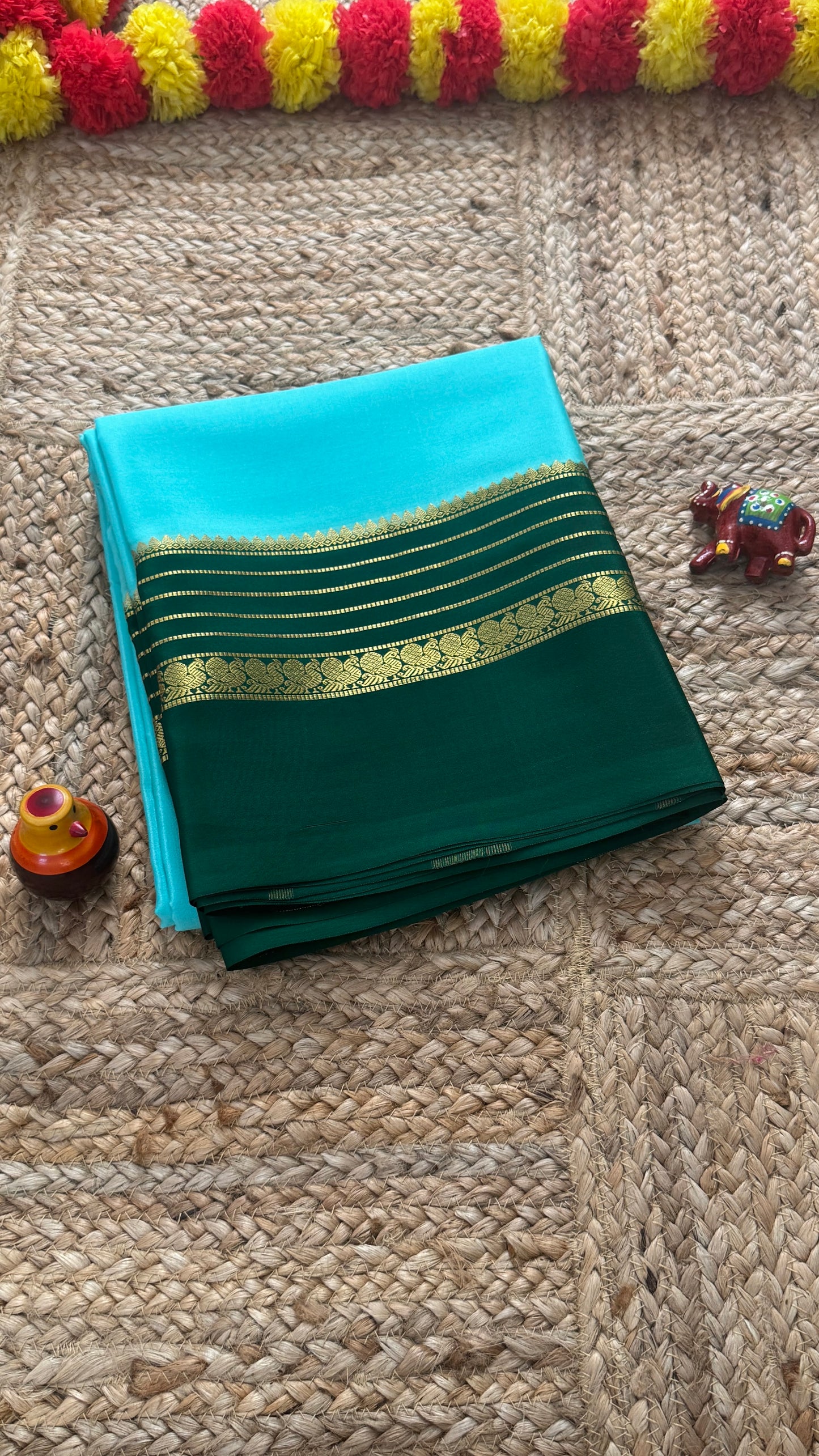 Mysore Silk Saree - Sky Blue and Green Peacock Boarder