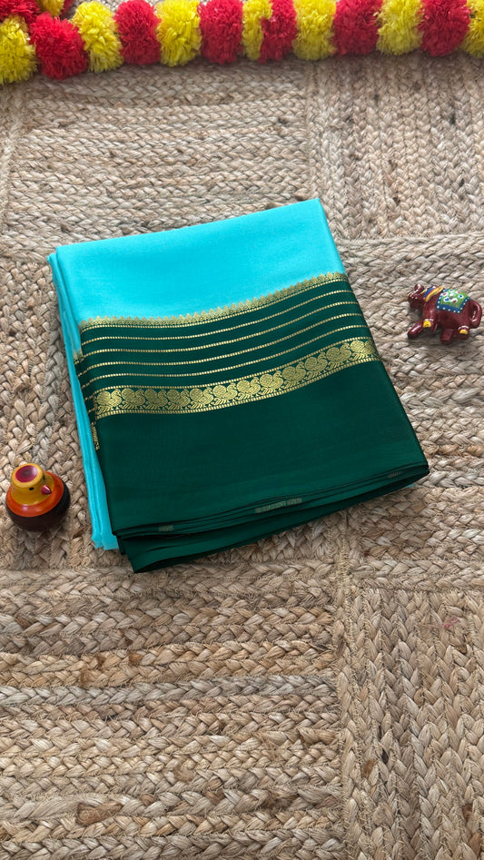 Mysore Silk Saree - Sky Blue and Green Peacock Boarder