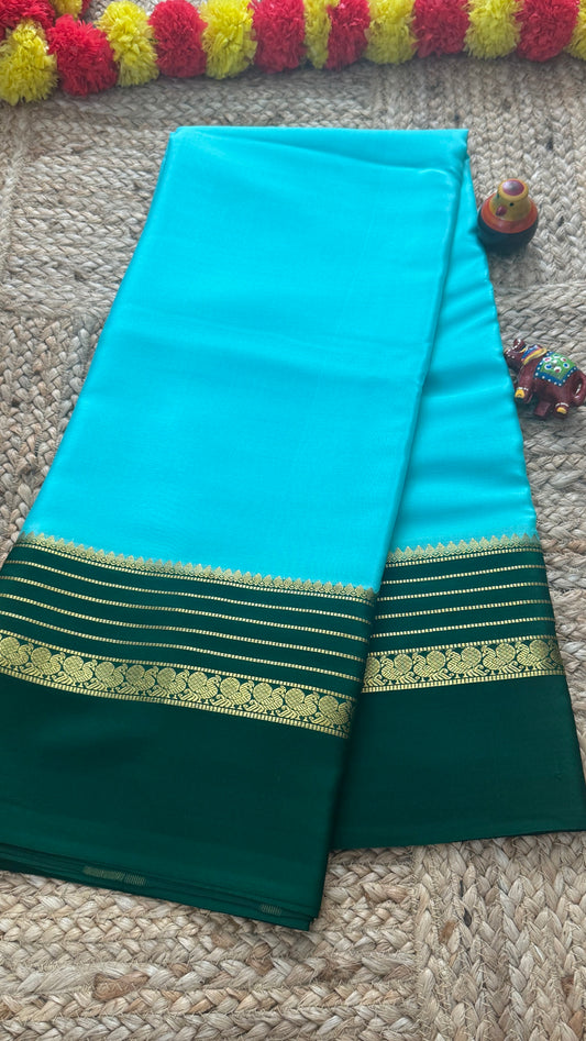 Mysore Silk Saree - Sky Blue and Green Peacock Boarder