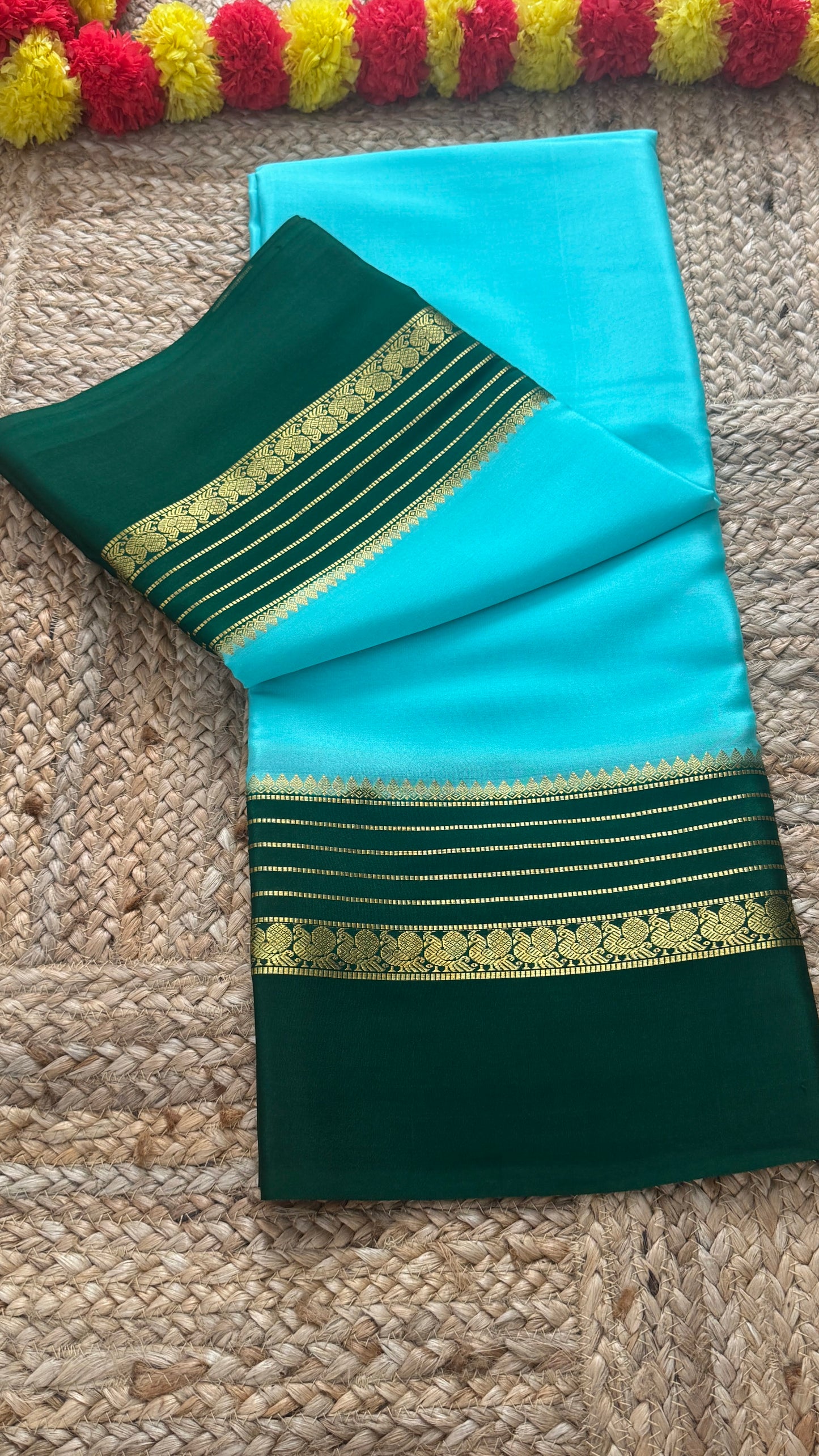 Mysore Silk Saree - Sky Blue and Green Peacock Boarder