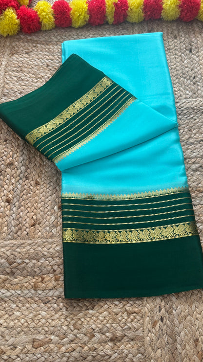 Mysore Silk Saree - Sky Blue and Green Peacock Boarder