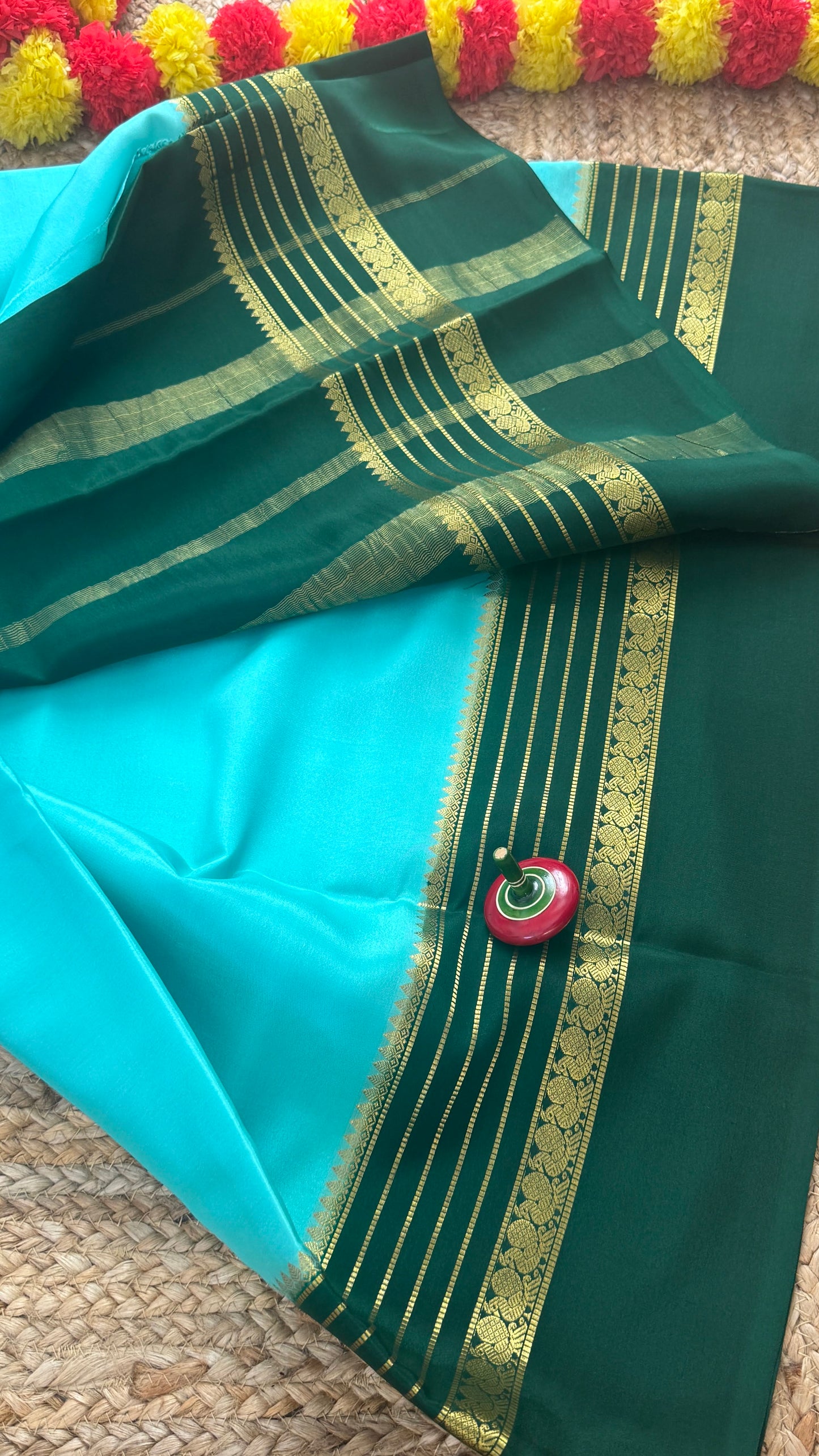 Mysore Silk Saree - Sky Blue and Green Peacock Boarder