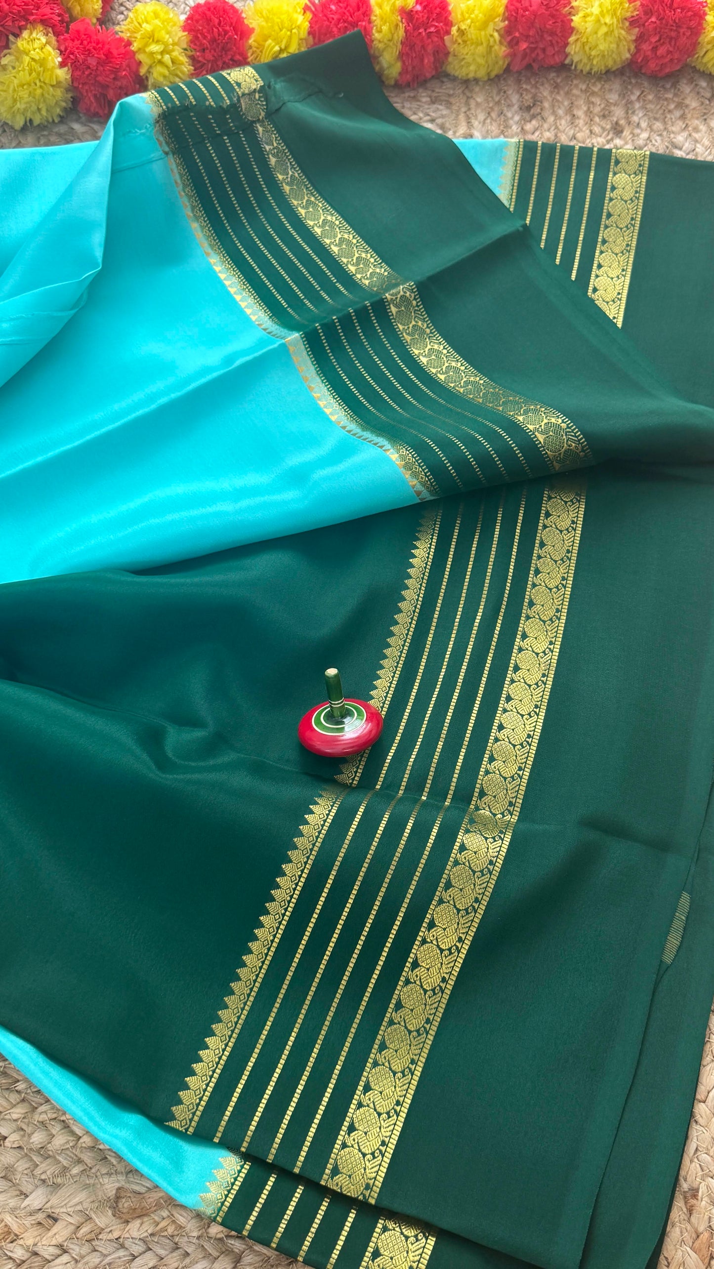 Mysore Silk Saree - Sky Blue and Green Peacock Boarder