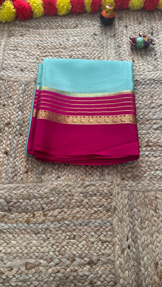 Mysore Silk Saree - Sky Blue and Pink Peacock Boarder