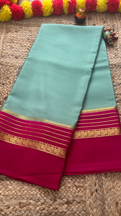 Mysore Silk Saree - Sky Blue and Pink Peacock Boarder