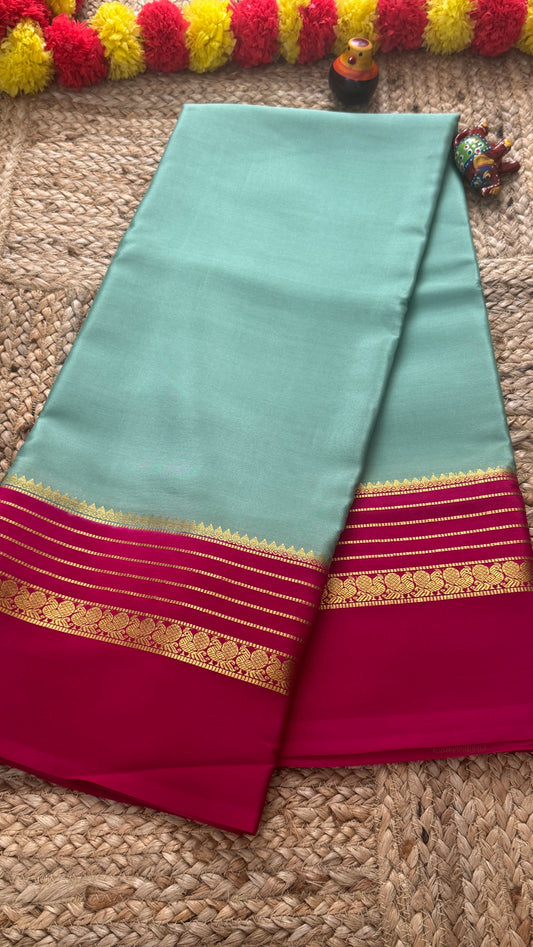 Mysore Silk Saree - Sky Blue and Pink Peacock Boarder