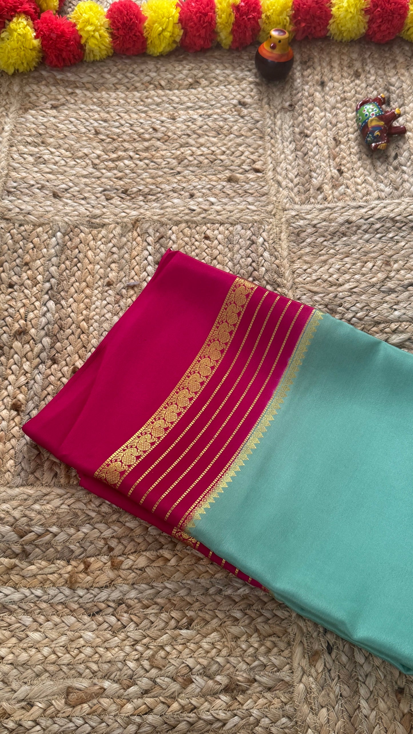 Mysore Silk Saree - Sky Blue and Pink Peacock Boarder