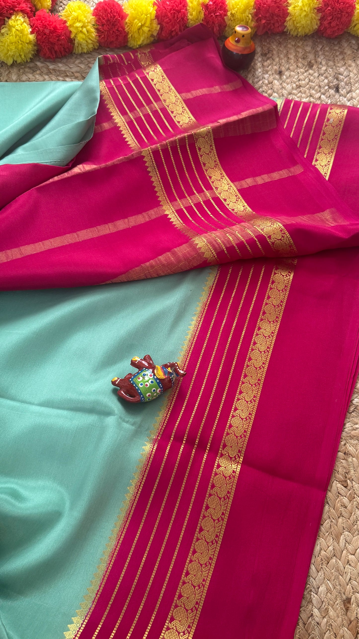 Mysore Silk Saree - Sky Blue and Pink Peacock Boarder