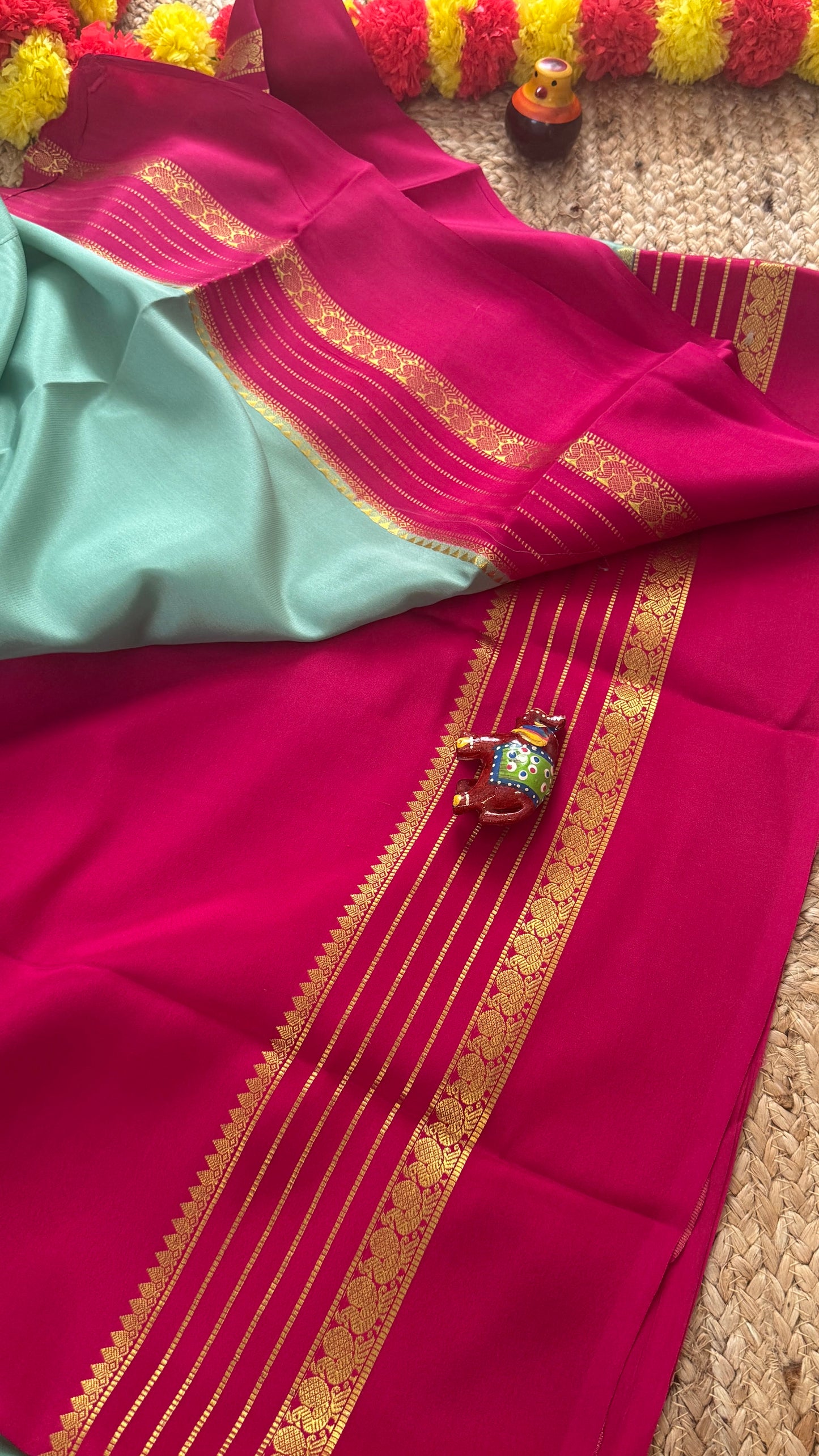Mysore Silk Saree - Sky Blue and Pink Peacock Boarder