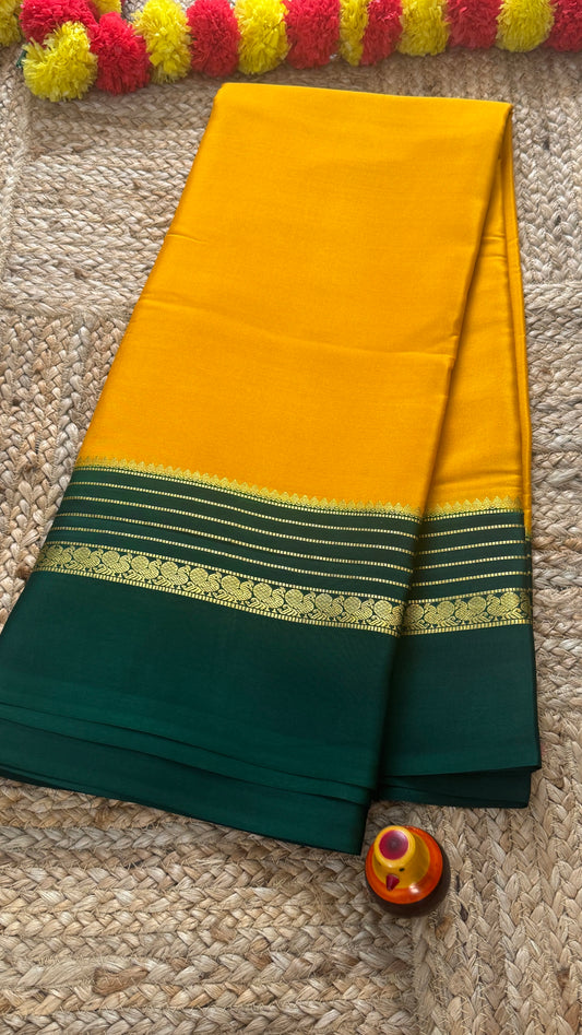 Mysore Silk Saree - Mustard Yellow and Green Peacock Boarder