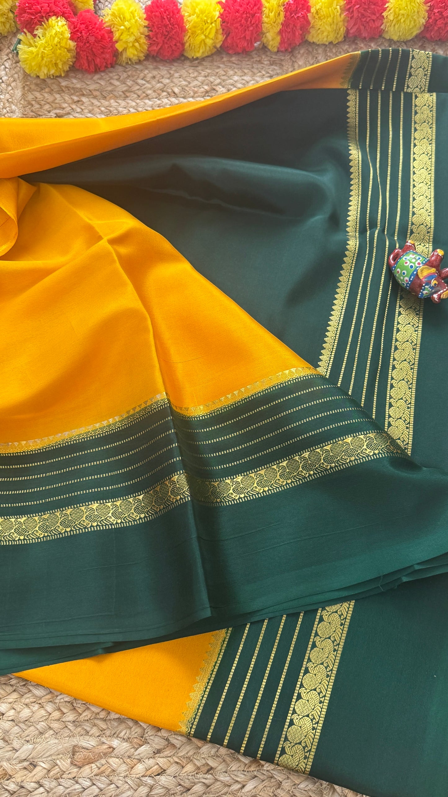 Mysore Silk Saree - Mustard Yellow and Green Peacock Boarder
