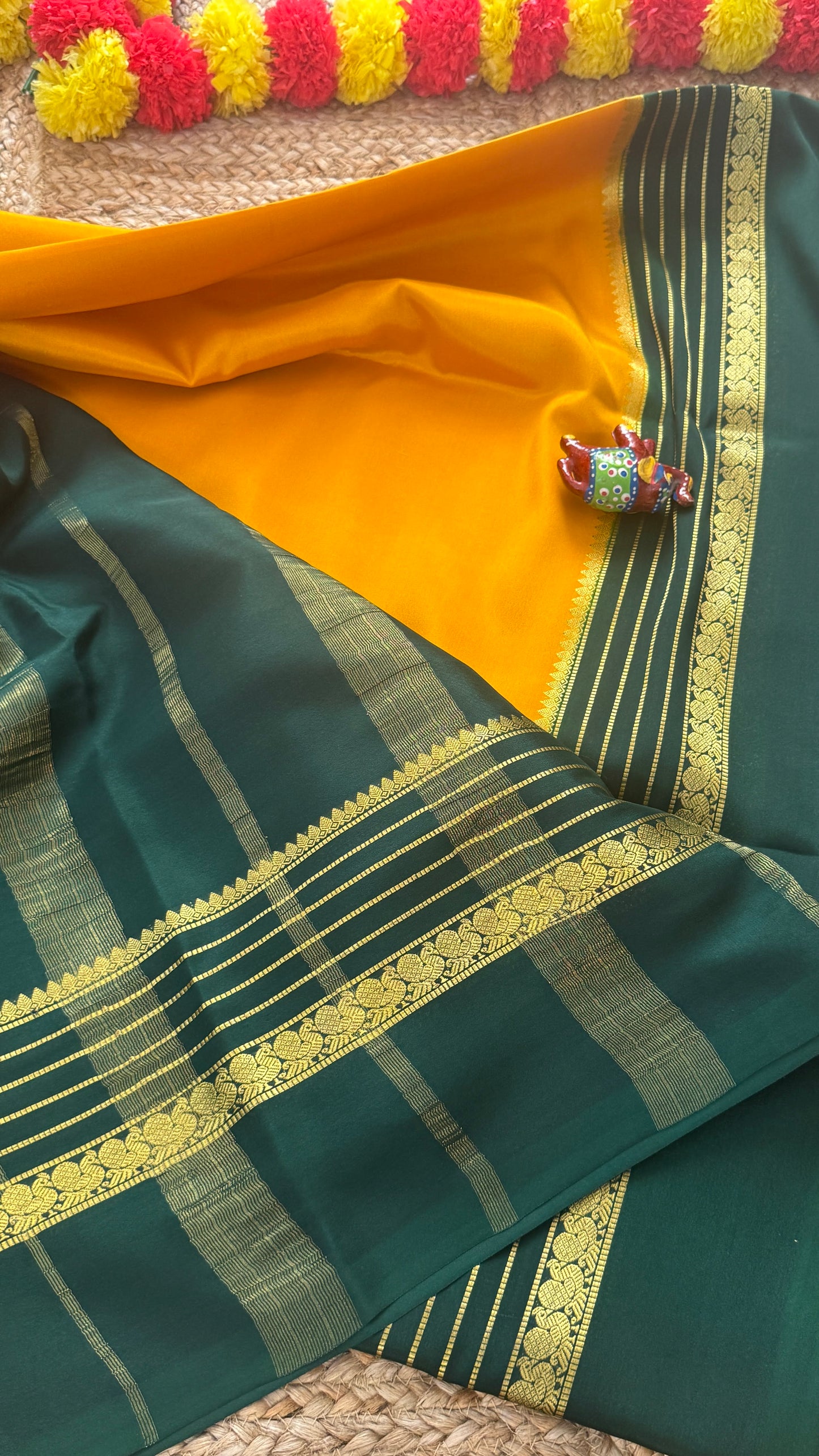 Mysore Silk Saree - Mustard Yellow and Green Peacock Boarder