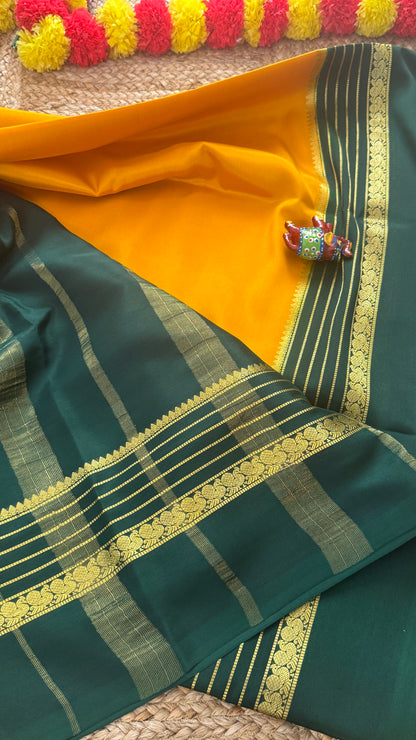 Mysore Silk Saree - Mustard Yellow and Green Peacock Boarder