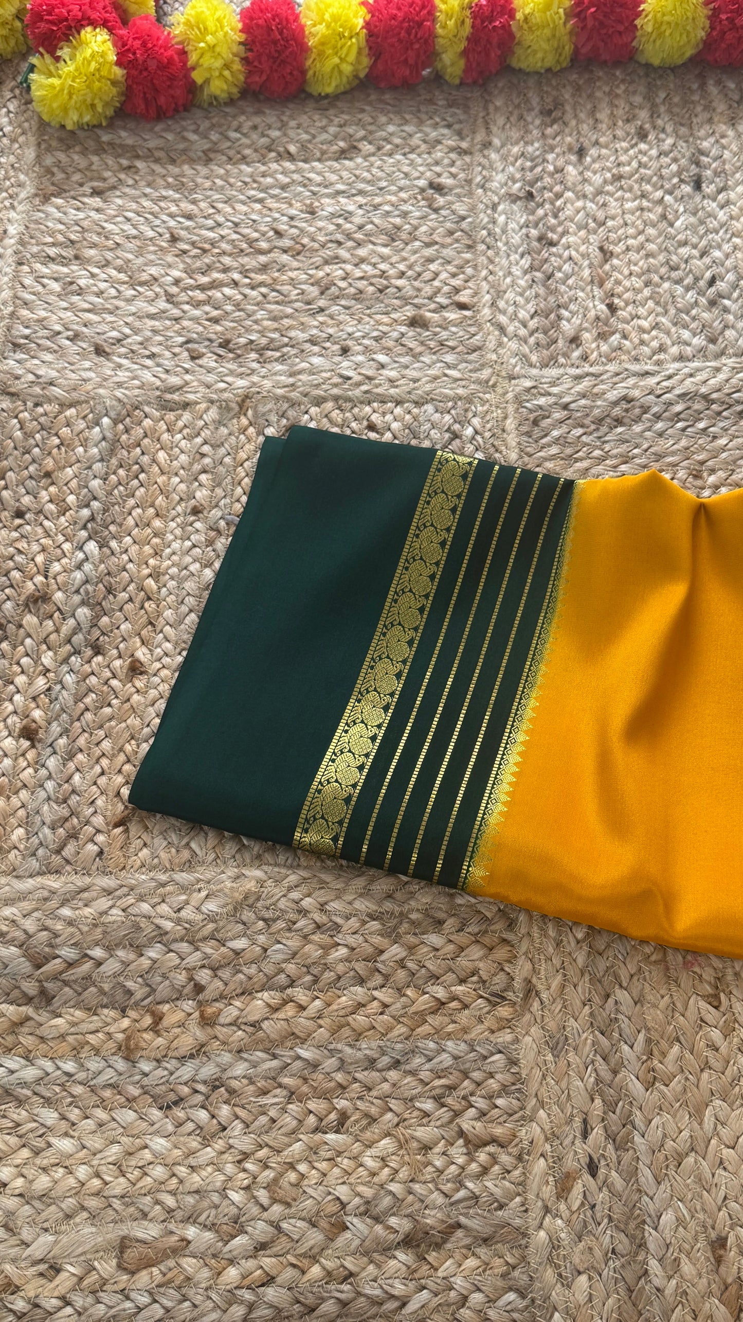 Mysore Silk Saree - Mustard Yellow and Green Peacock Boarder