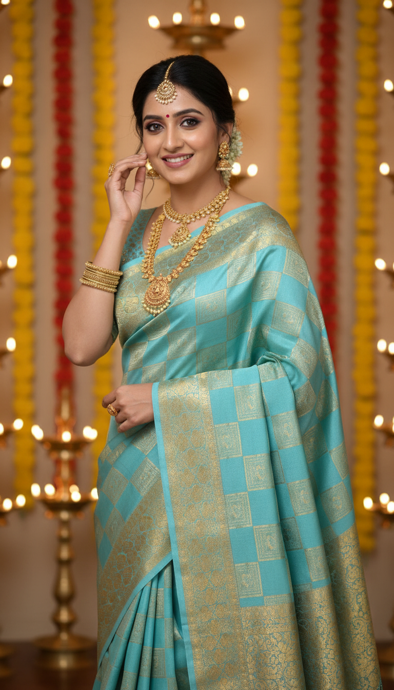 Pure Mysore Silk Saree - Bespoke - Light Blue half n half - Mysuru - 05
