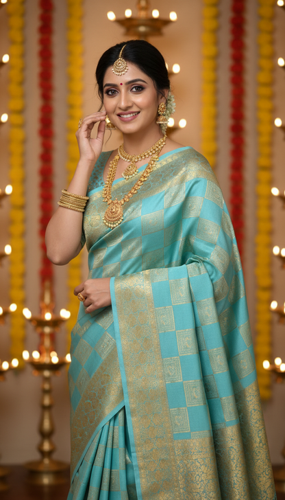 Pure Mysore Silk Saree - Bespoke - Light Blue half n half - Mysuru - 05
