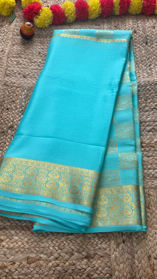 Pure Mysore Silk Saree - Bespoke - Light Blue half n half - Mysuru - 05