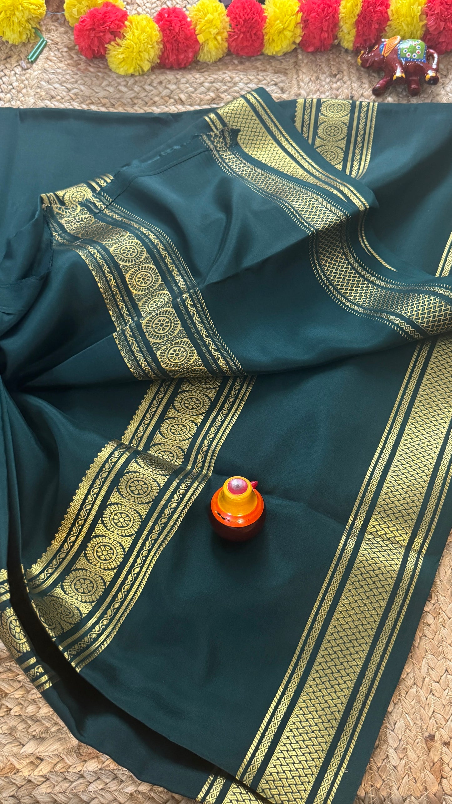 Pure Mysore Silk | Bespoke - Monotone Green Saree - Mysuru - 05