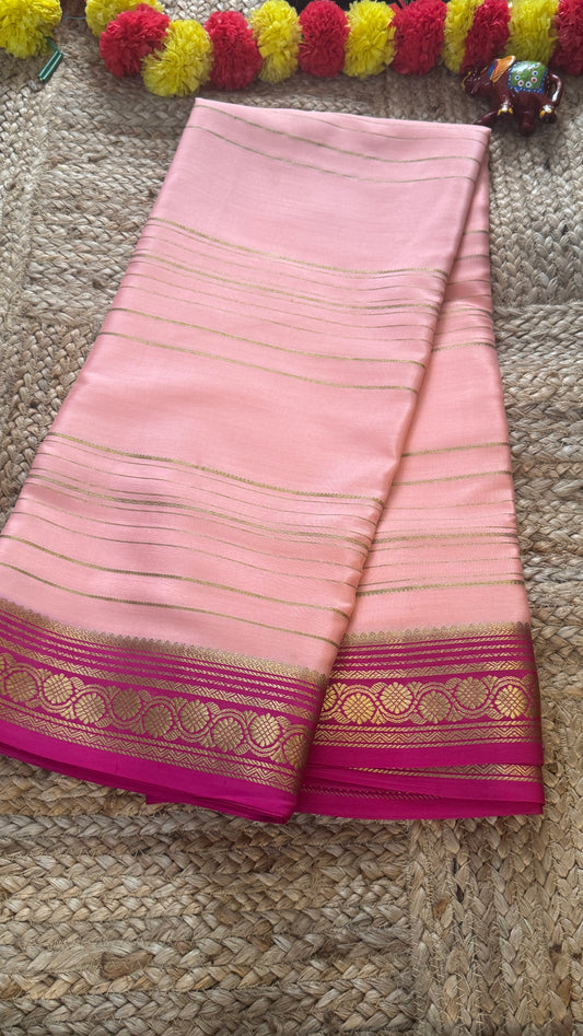 Pure Mysore Silk | Bespoke - Weft Line Pink Saree - Mysuru - 05