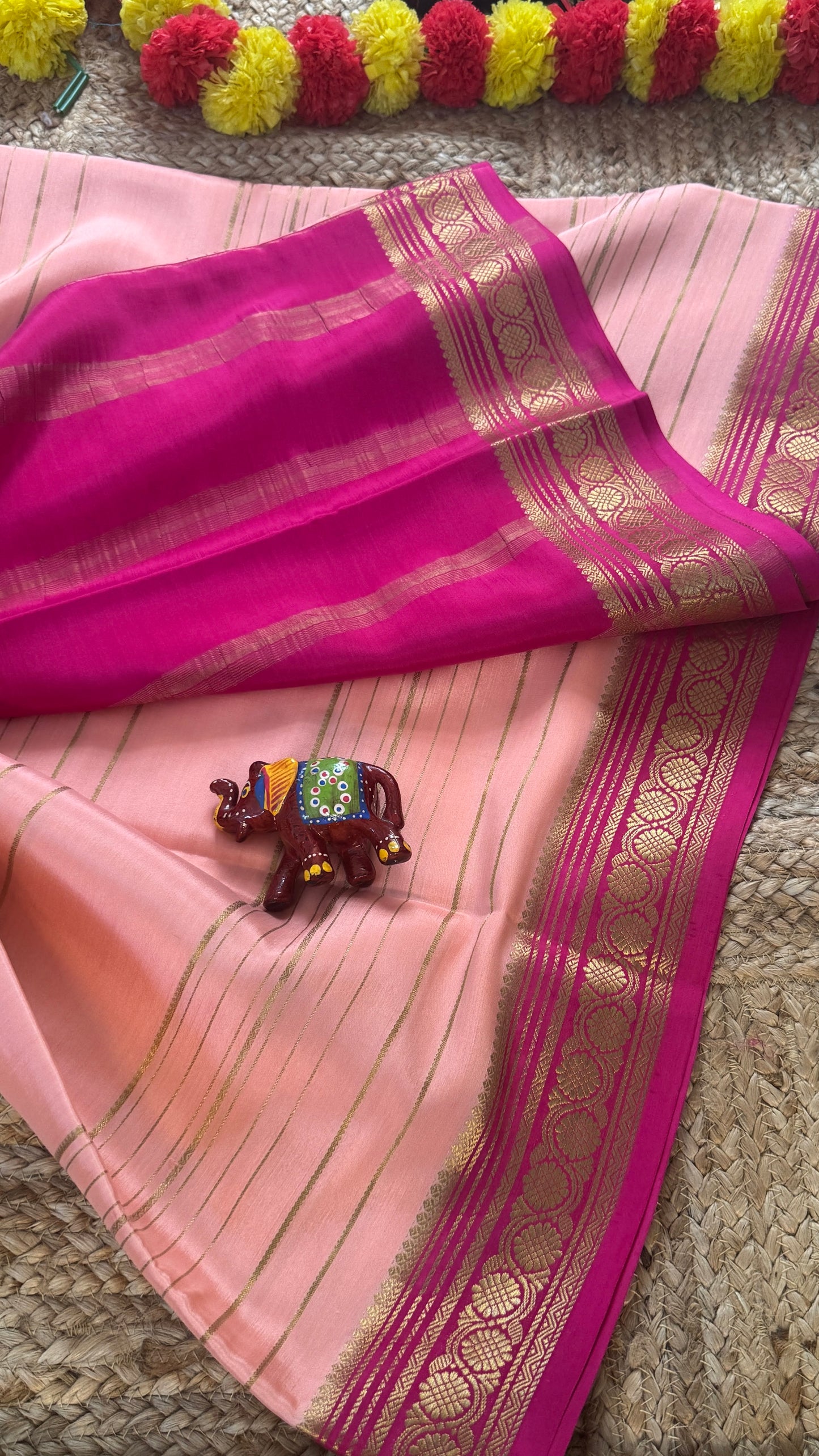 Pure Mysore Silk | Bespoke - Weft Line Pink Saree - Mysuru - 05