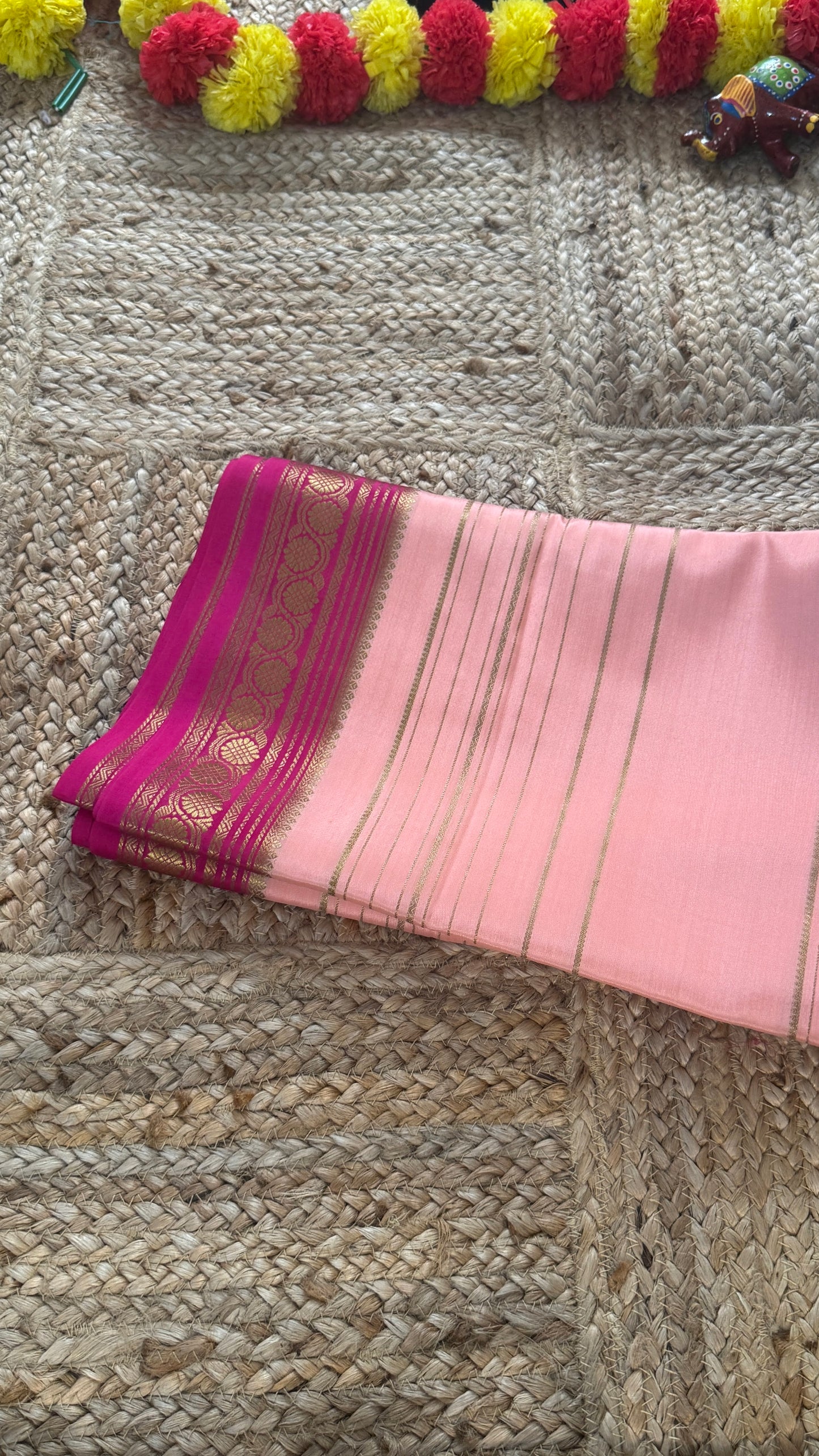 Pure Mysore Silk | Bespoke - Weft Line Pink Saree - Mysuru - 05