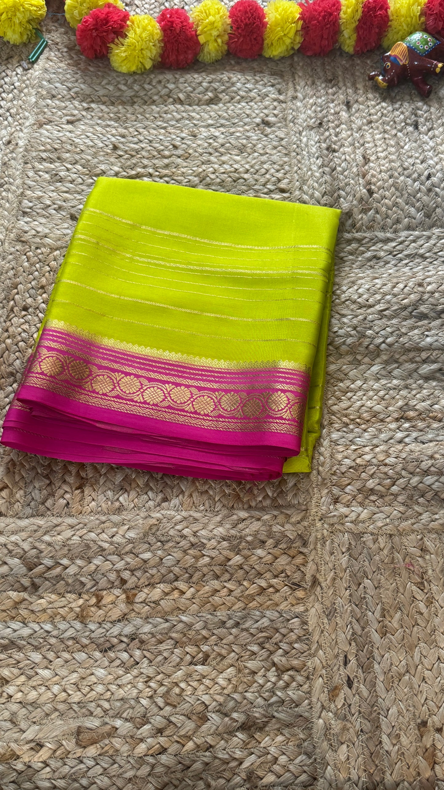 Pure Mysore Silk | Bespoke - Weft Line Green & Pink Saree - Mysuru - 05