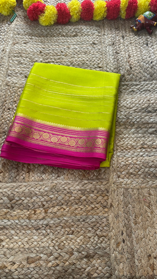 Pure Mysore Silk | Bespoke - Weft Line Green & Pink Saree - Mysuru - 05