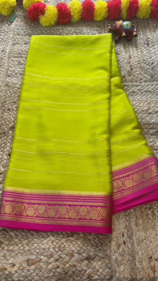 Pure Mysore Silk | Bespoke - Weft Line Green & Pink Saree - Mysuru - 05