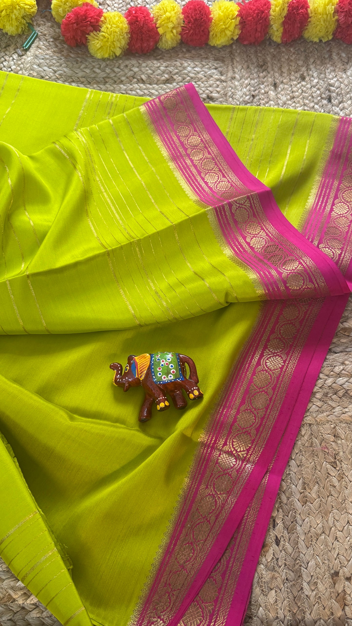 Pure Mysore Silk | Bespoke - Weft Line Green & Pink Saree - Mysuru - 05