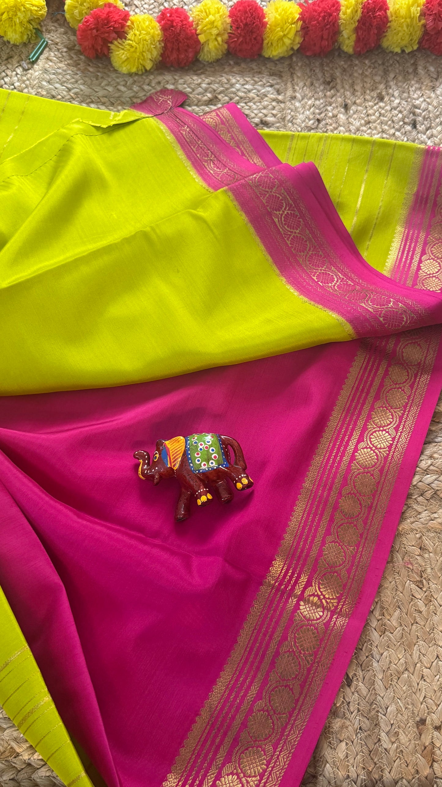 Pure Mysore Silk | Bespoke - Weft Line Green & Pink Saree - Mysuru - 05