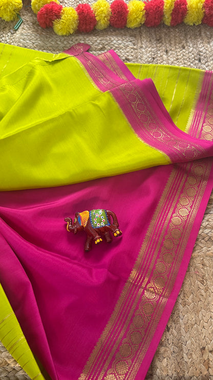 Pure Mysore Silk | Bespoke - Weft Line Green & Pink Saree - Mysuru - 05