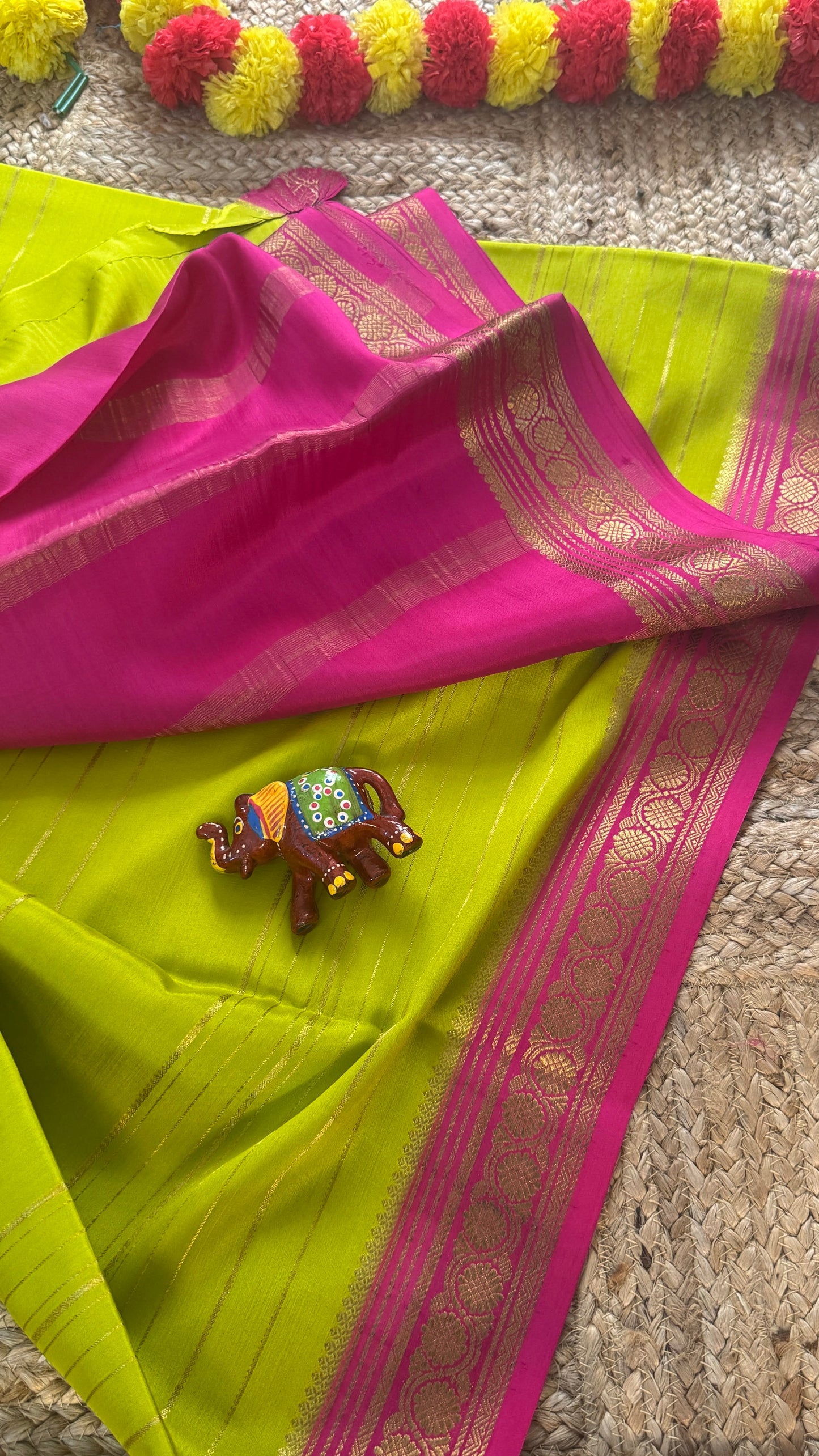 Pure Mysore Silk | Bespoke - Weft Line Green & Pink Saree - Mysuru - 05