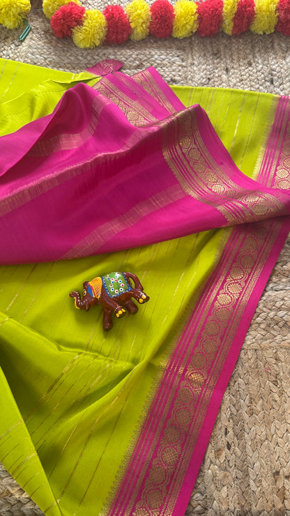 Pure Mysore Silk | Bespoke - Weft Line Green & Pink Saree - Mysuru - 05