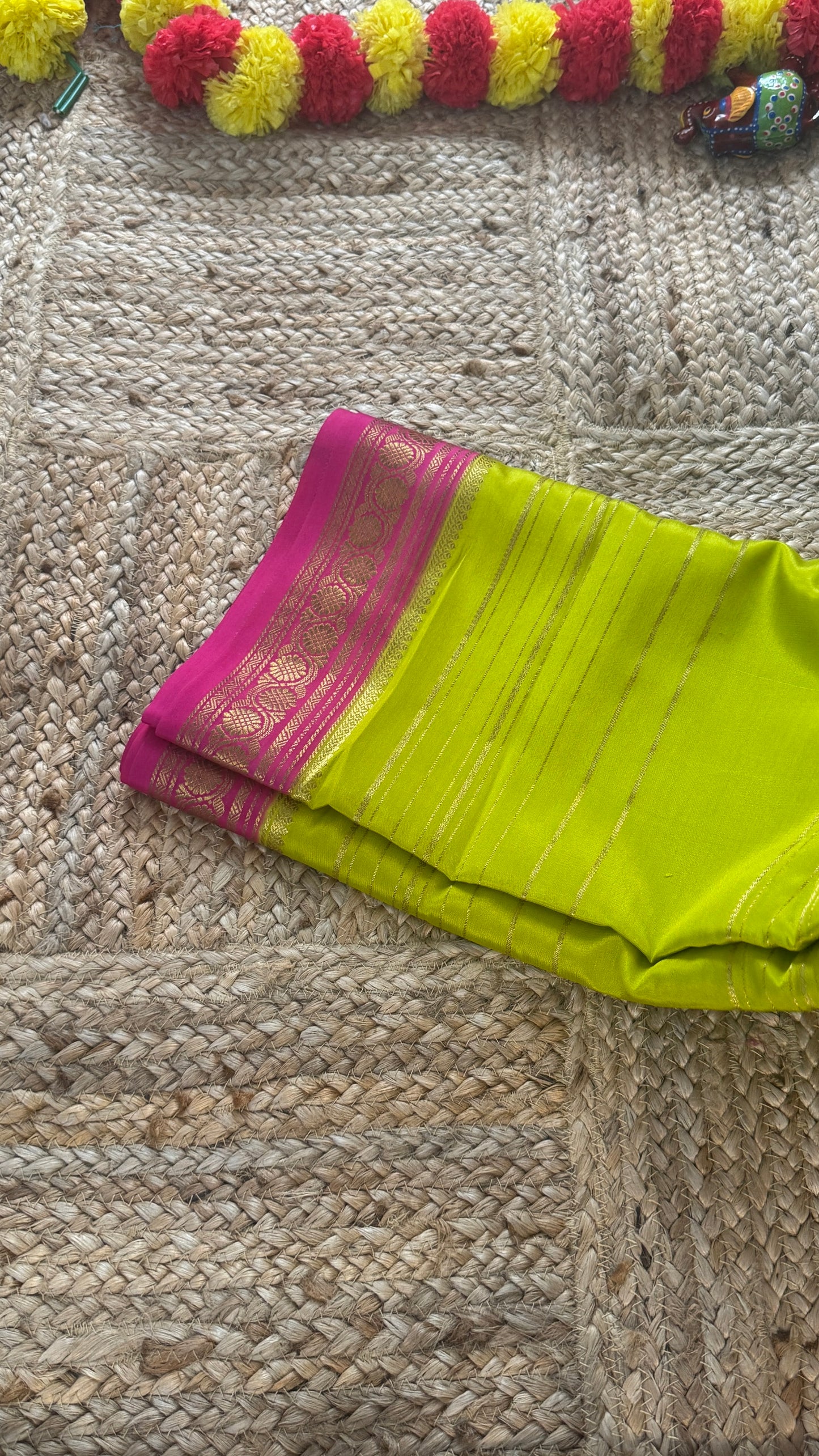 Pure Mysore Silk | Bespoke - Weft Line Green & Pink Saree - Mysuru - 05