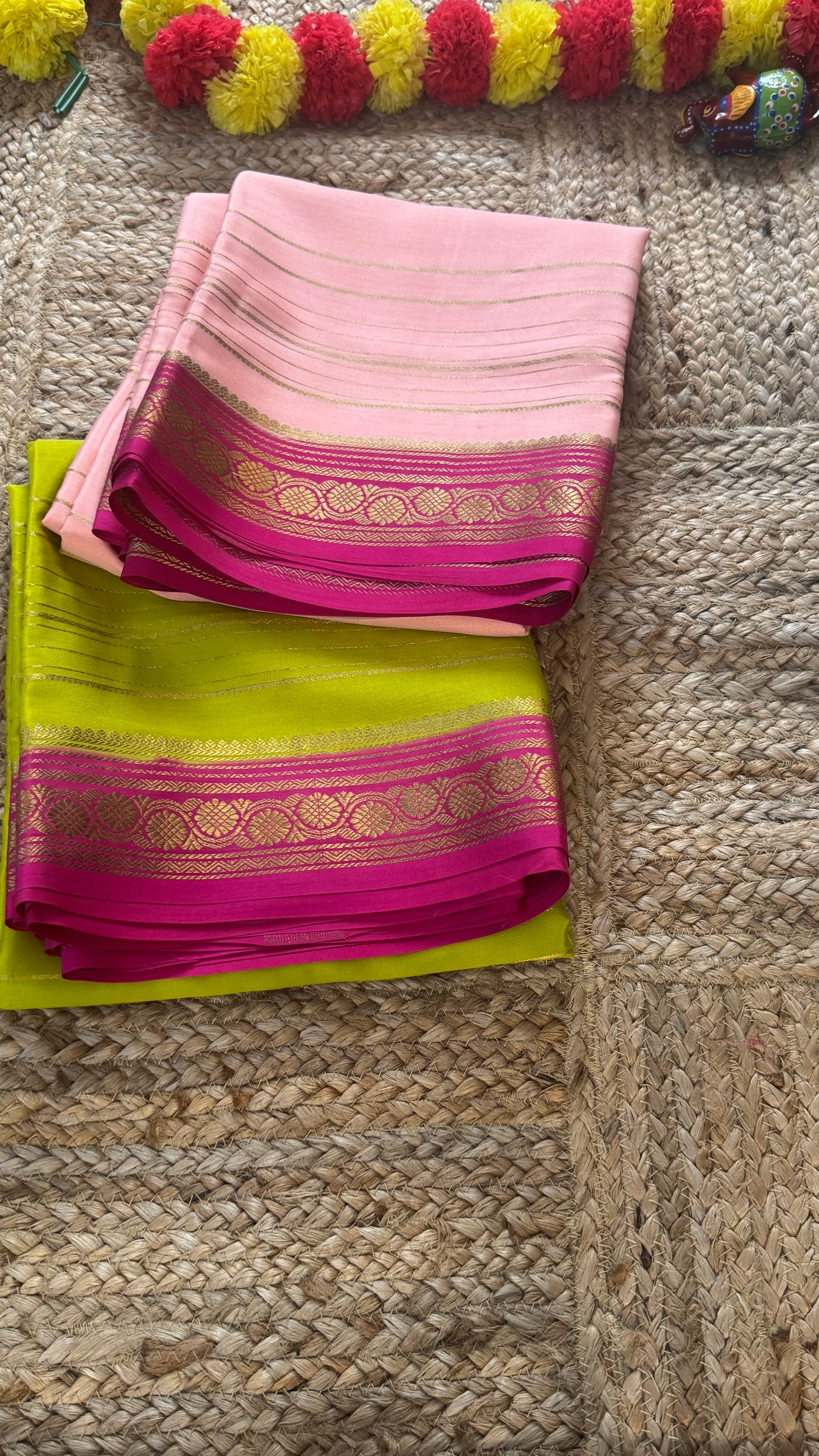 Pure Mysore Silk | Bespoke - Weft Line Green & Pink Saree - Mysuru - 05