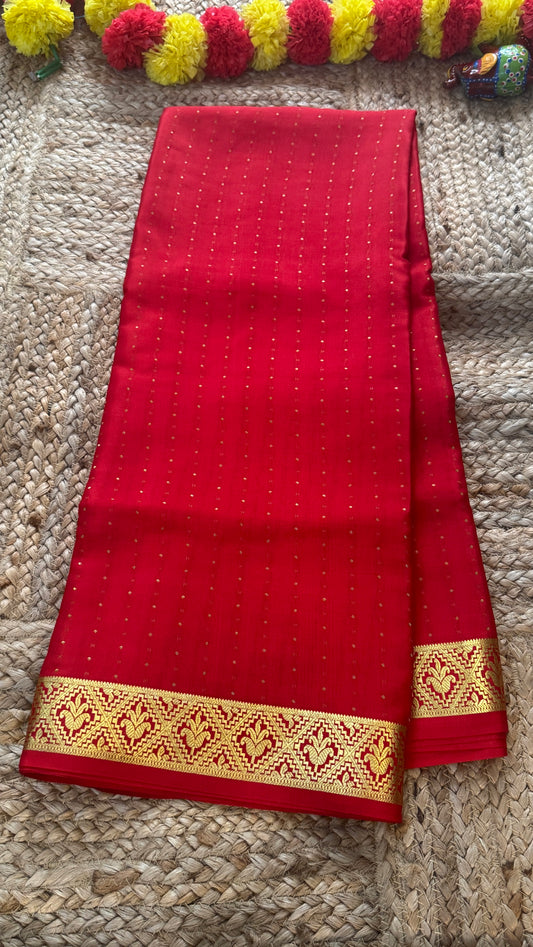 Pure Mysore Silk | Bespoke - Weft Line Red Saree - Mysuru - 05