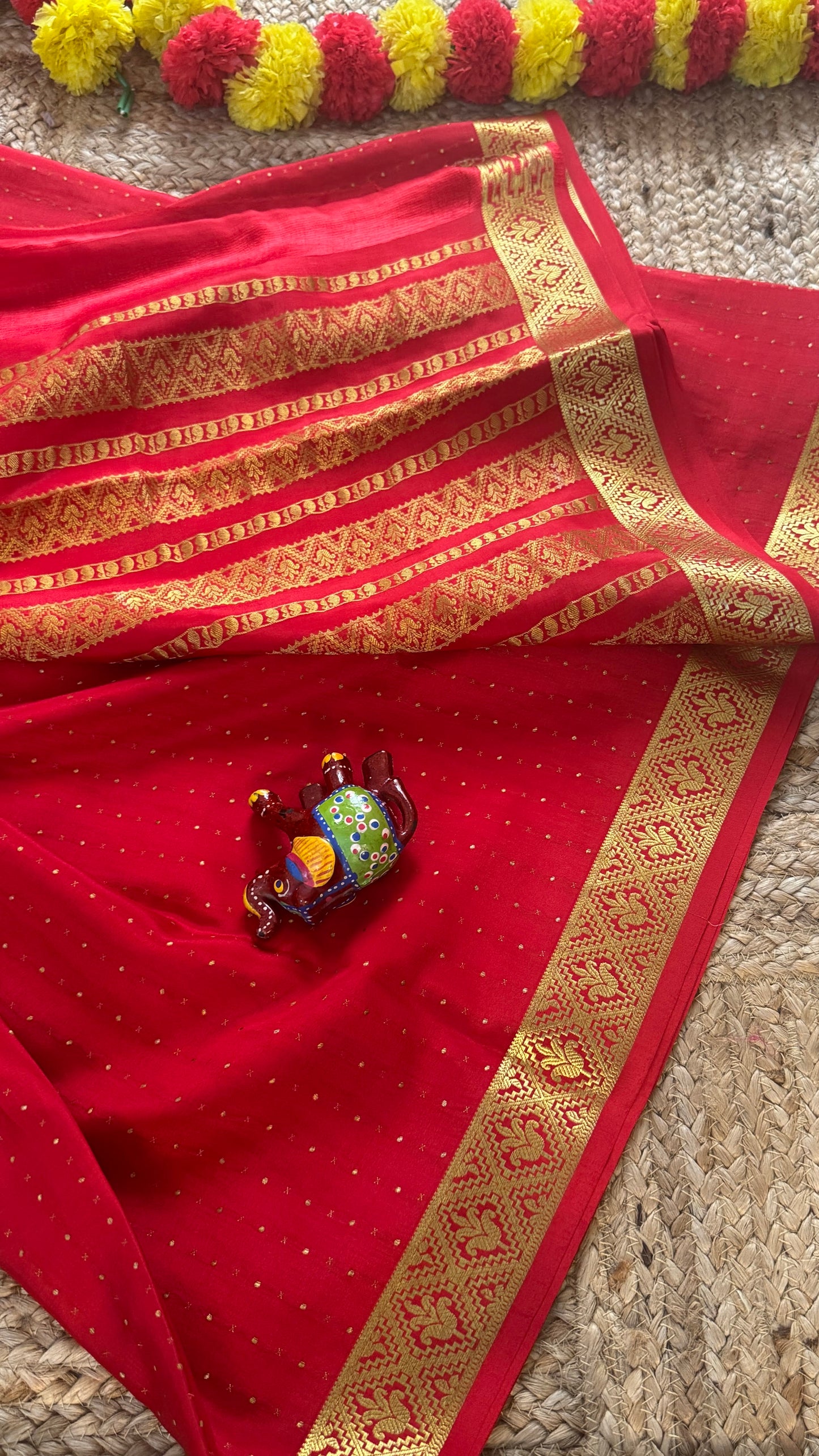 Pure Mysore Silk | Bespoke - Weft Line Red Saree - Mysuru - 05