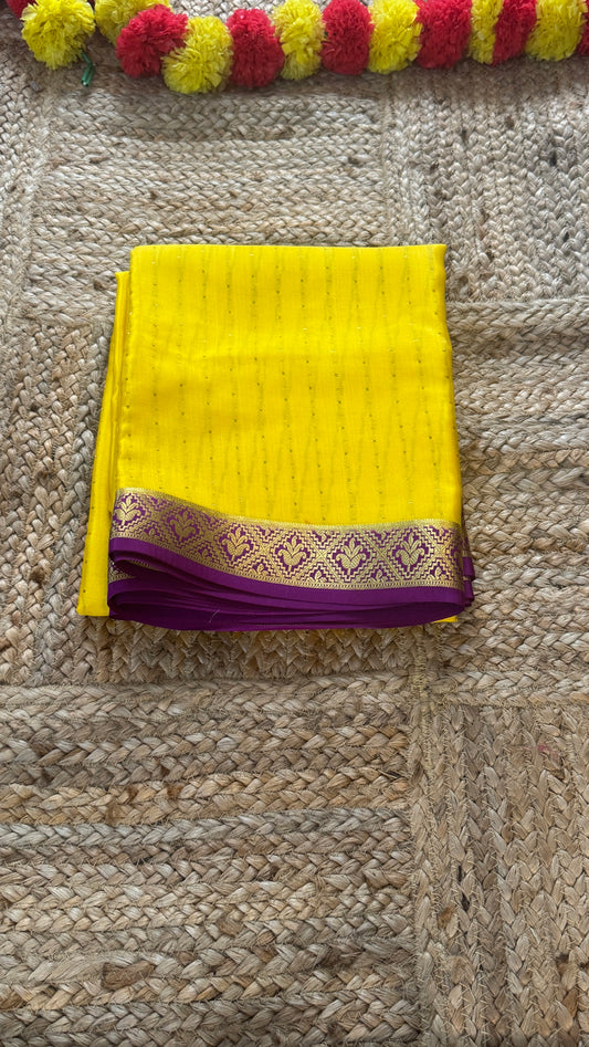 Pure Mysore Silk | Bespoke - Weft Line Yellow n Purple Saree - Mysuru - 05