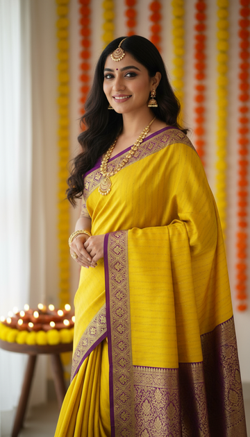 Pure Mysore Silk | Bespoke - Weft Line Yellow n Purple Saree - Mysuru - 05
