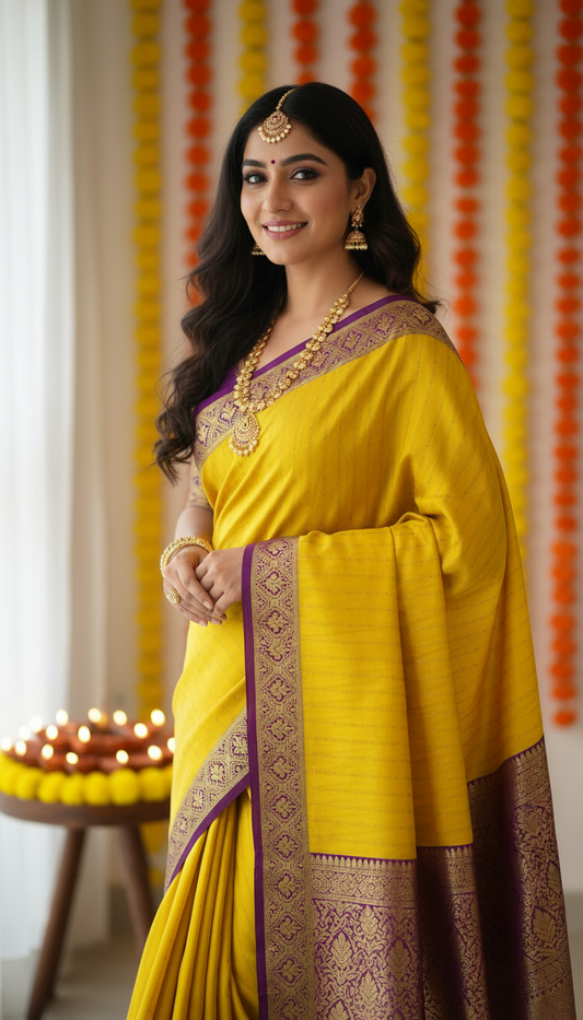 Pure Mysore Silk | Bespoke - Weft Line Yellow n Purple Saree - Mysuru - 05